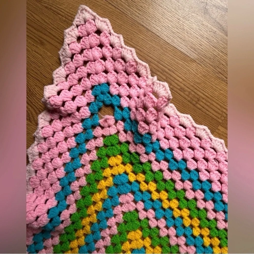 Vintage Crochet Granny Square Afghan Blanket Throw Pastel Colored Quilt